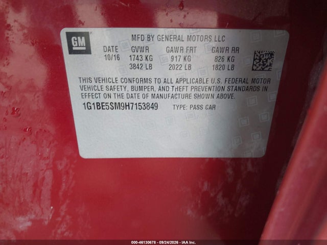 Aukcja sprzedaży 2017 Chevrolet Cruze Lt Auto, vin: 1G1BE5SM9H7153849, numer aukcji: 46130678