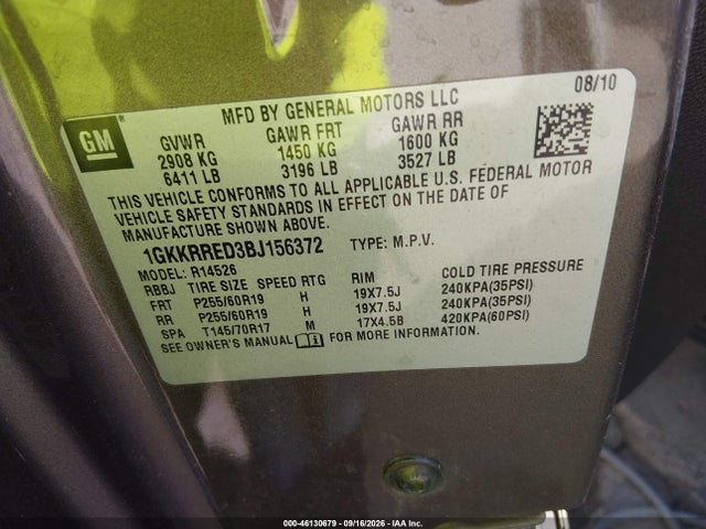 46130679 :رقم المزاد ، 1GKKRRED3BJ156372 vin ، 2011 Gmc Acadia Slt-1 مزاد بيع