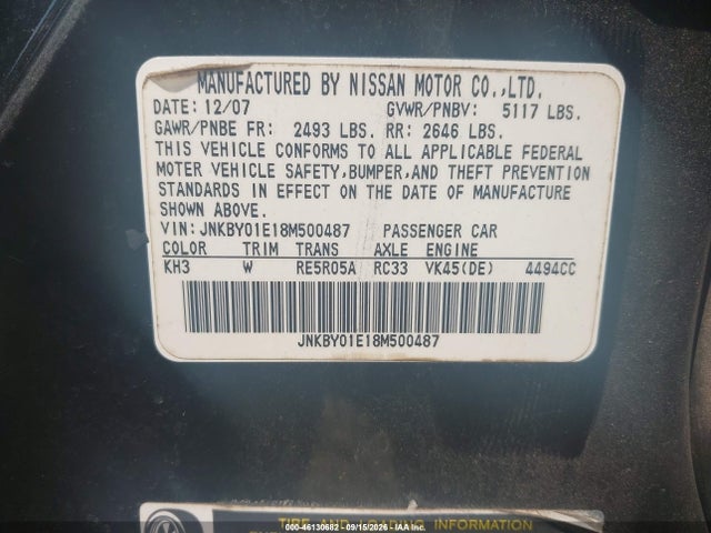 Aukcja sprzedaży 2008 Infiniti M45, vin: JNKBY01E18M500487, numer aukcji: 46130682