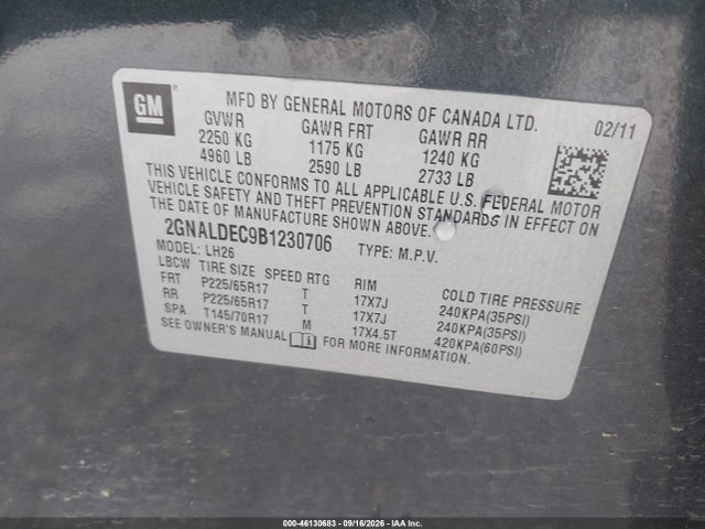 2011 Chevrolet Equinox Lt W/1lt მანქანა იყიდება აუქციონზე, vin: 2GNALDEC9B1230706, აუქციონის ნომერი: 46130683