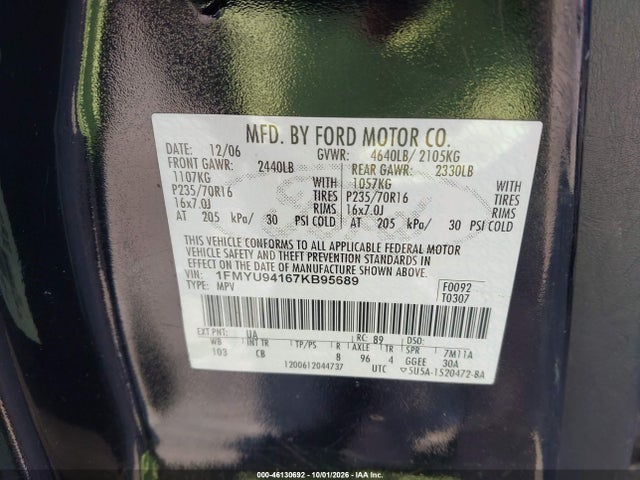 2007 Ford Escape Limited მანქანა იყიდება აუქციონზე, vin: 1FMYU94167KB95689, აუქციონის ნომერი: 46130692