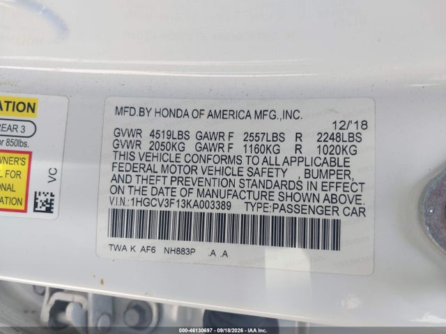 Продаж на аукціоні авто 2019 Honda Accord Hybrid, vin: 1HGCV3F13KA003389, номер лоту: 46130697