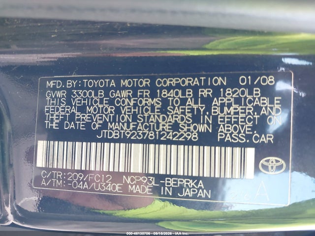 46130706 :رقم المزاد ، JTDBT923781242298 vin ، 2008 Toyota Yaris S مزاد بيع