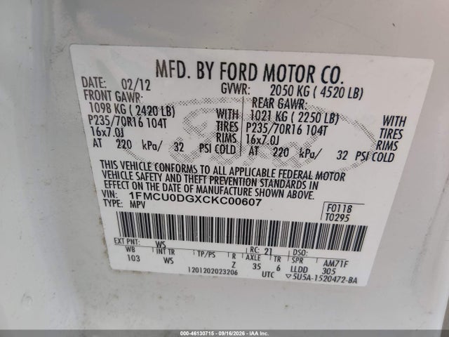 Auction sale of the 2012 Ford Escape Xlt, vin: 1FMCU0DGXCKC00607, lot number: 46130715