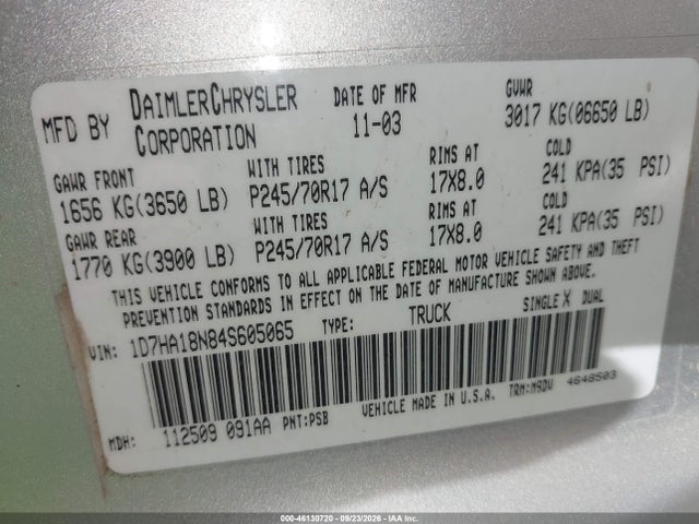 46130720 :رقم المزاد ، 1D7HA18N84S605065 vin ، 2004 Dodge Ram 1500 Slt/laramie مزاد بيع