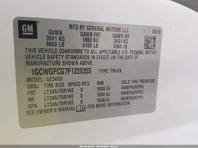 Продаж на аукціоні авто 2015 Chevrolet Express 2500 Work Van, vin: 1GCWGFCG7F1228355, номер лоту: 46130734