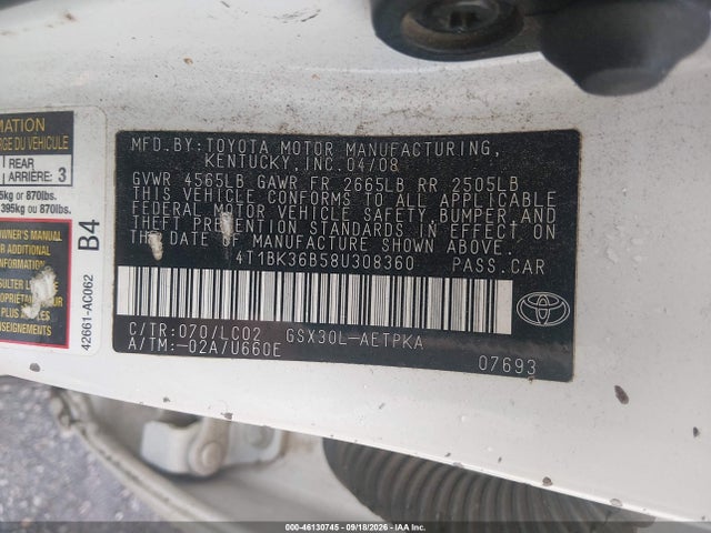 Продажа на аукционе авто 2008 Toyota Avalon Limited, vin: 4T1BK36B58U308360, номер лота: 46130745