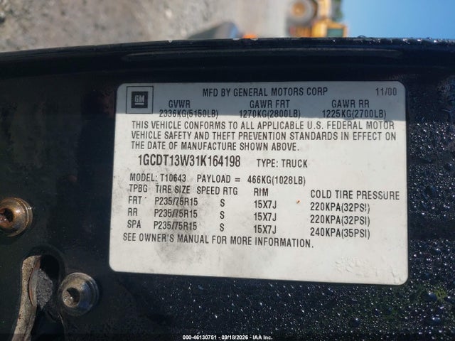 2001 Chevrolet S-10 Ls მანქანა იყიდება აუქციონზე, vin: 1GCDT13W31K164198, აუქციონის ნომერი: 46130751