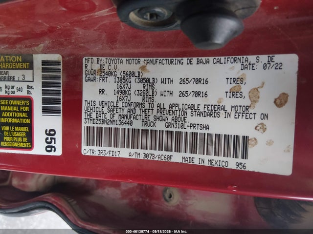 2022 Toyota Tacoma Trd Off Road მანქანა იყიდება აუქციონზე, vin: 3TMDZ5BN2NM136440, აუქციონის ნომერი: 46130774