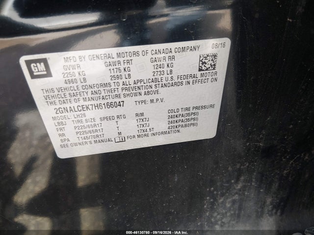 46130780 :رقم المزاد ، 2GNALCEK7H6166047 vin ، 2017 Chevrolet Equinox Lt مزاد بيع