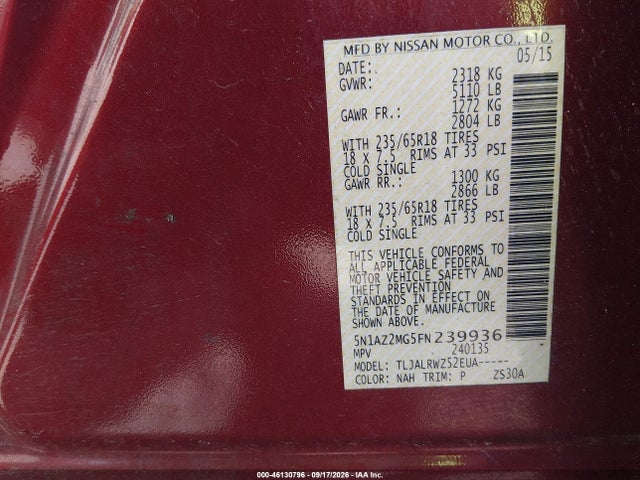 2015 Nissan Murano Sl მანქანა იყიდება აუქციონზე, vin: 5N1AZ2MG5FN239936, აუქციონის ნომერი: 46130796