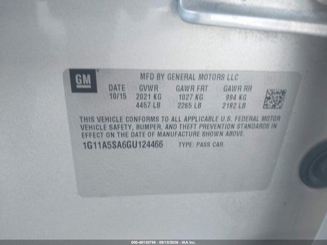 Продажа на аукционе авто 2016 Chevrolet Malibu Limited 1fl, vin: 1G11A5SA6GU124466, номер лота: 46130798