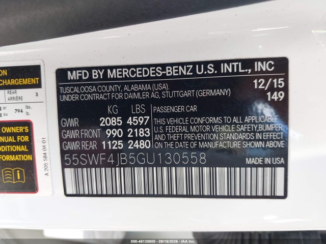 2016 Mercedes-benz C 300 მანქანა იყიდება აუქციონზე, vin: 55SWF4JB5GU130558, აუქციონის ნომერი: 46130800