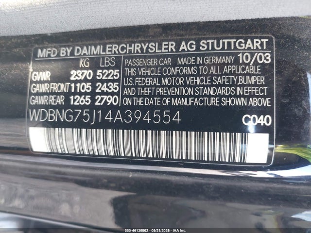 46130802 :رقم المزاد ، WDBNG75J14A394554 vin ، 2004 Mercedes-benz S 500 مزاد بيع