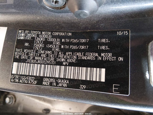 Toyota 4RUNNER SR5 2016 JTEBU5JR0G5295701 Image 9