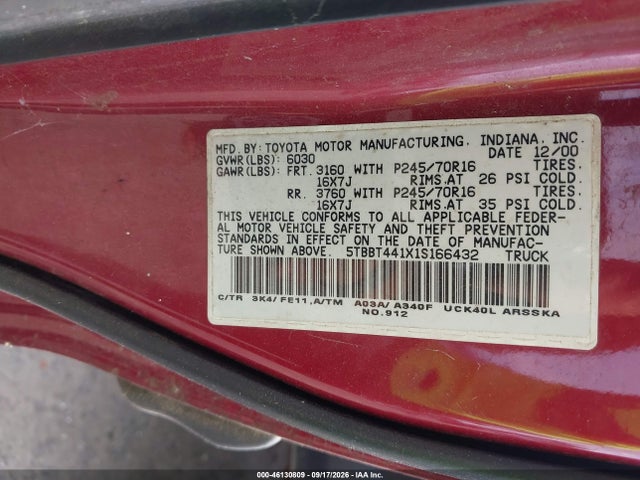 2001 Toyota Tundra Sr5 V8 მანქანა იყიდება აუქციონზე, vin: 5TBBT441X1S166432, აუქციონის ნომერი: 46130809