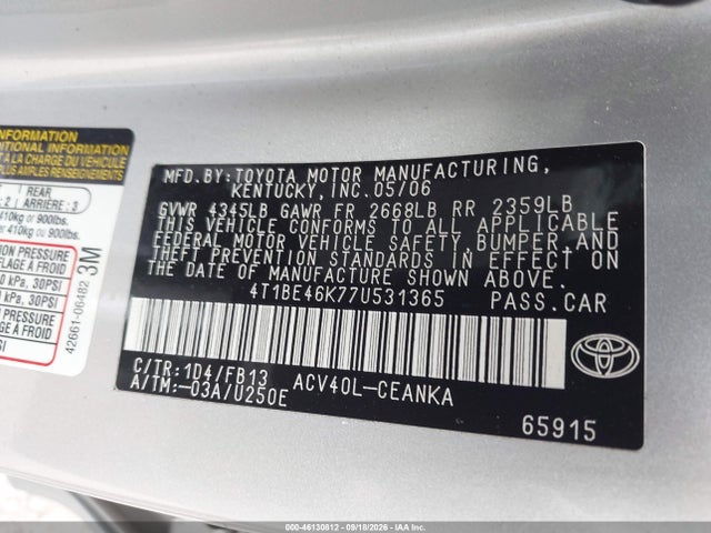 Aukcja sprzedaży 2007 Toyota Camry Le, vin: 4T1BE46K77U531365, numer aukcji: 46130812