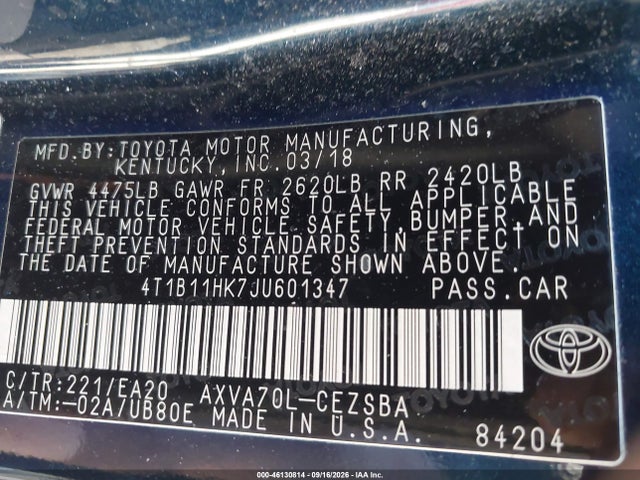 Aukcja sprzedaży 2018 Toyota Camry Se, vin: 4T1B11HK7JU601347, numer aukcji: 46130814