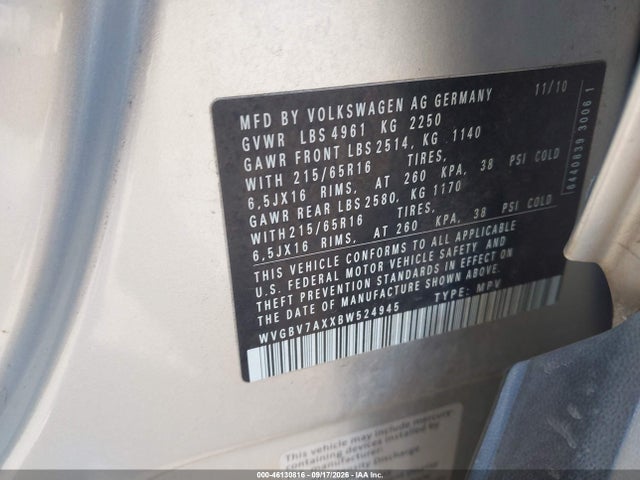 46130816 :رقم المزاد ، WVGBV7AXXBW524945 vin ، 2011 Volkswagen Tiguan S مزاد بيع