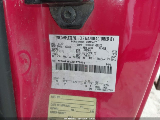 46130832 :رقم المزاد ، 1FDWF36598EA78574 vin ، 2008 Ford F-350 Chassis Xl/xlt مزاد بيع