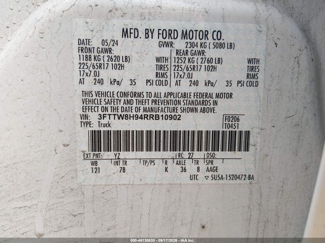 Продажа на аукционе авто 2024 Ford Maverick Xlt, vin: 3FTTW8H94RRB10902, номер лота: 46130835