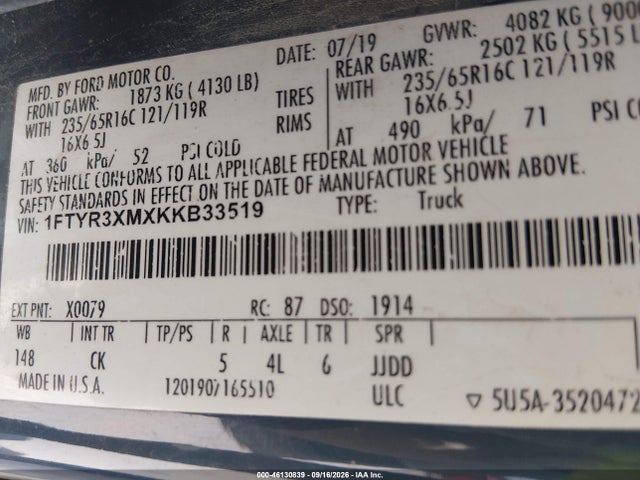 1FTYR3XMXKKB33519 Ford Transit-250