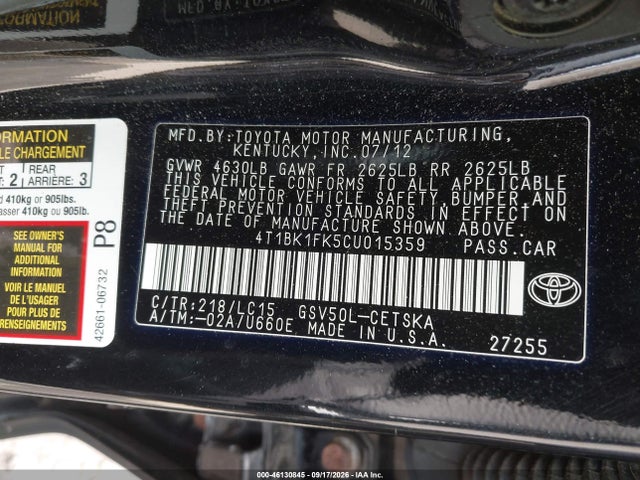 Aukcja sprzedaży 2012 Toyota Camry Se V6, vin: 4T1BK1FK5CU015359, numer aukcji: 46130845