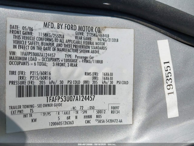 Продаж на аукціоні авто 2007 Ford Taurus Se, vin: 1FAFP53U07A124457, номер лоту: 46130866