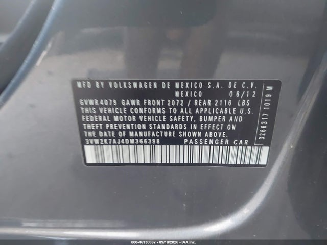 Продаж на аукціоні авто 2013 Volkswagen Jetta 2.0l S, vin: 3VW2K7AJ4DM366398, номер лоту: 46130867