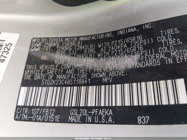 46130869 :رقم المزاد ، 5TDZK23C48S118841 vin ، 2008 Toyota Sienna Ce مزاد بيع
