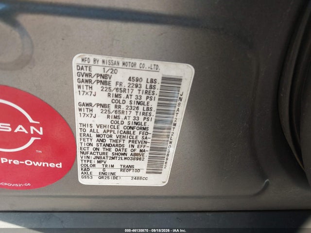Продаж на аукціоні авто 2020 Nissan Rogue S Fwd, vin: JN8AT2MT2LW038962, номер лоту: 46130870