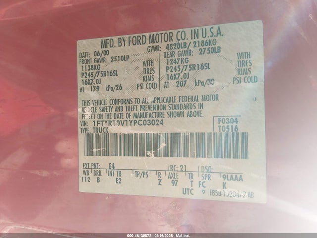 Продажа на аукционе авто 2000 Ford Ranger Xl/xlt, vin: 1FTYR10V1YPC03024, номер лота: 46130872