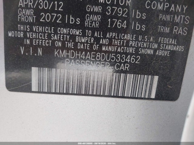 2013 Hyundai Elantra Gls მანქანა იყიდება აუქციონზე, vin: KMHDH4AE8DU533462, აუქციონის ნომერი: 46130880