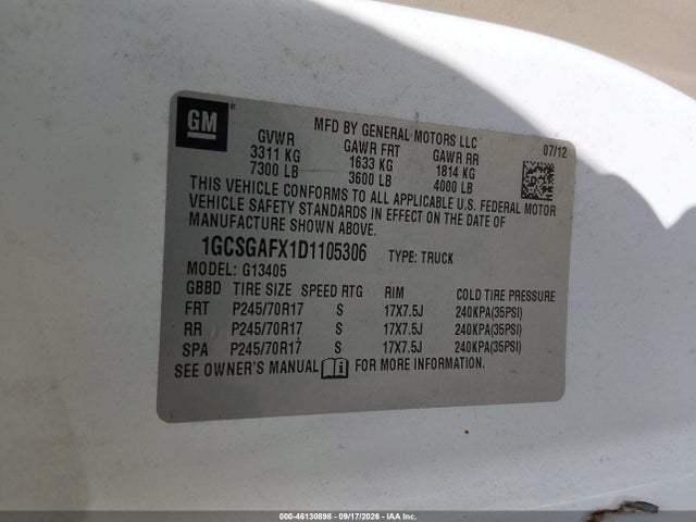 2013 Chevrolet Express 1500 Work Van მანქანა იყიდება აუქციონზე, vin: 1GCSGAFX1D1105306, აუქციონის ნომერი: 46130898