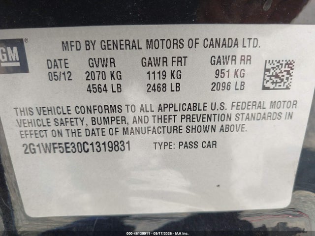 Продаж на аукціоні авто 2012 Chevrolet Impala Ls, vin: 2G1WF5E30C1319831, номер лоту: 46130911