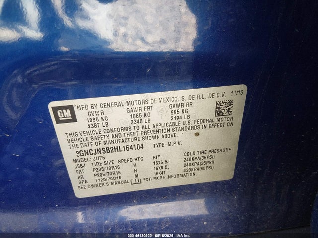 Продажа на аукционе авто 2017 Chevrolet Trax Ls, vin: 3GNCJNSB2HL164104, номер лота: 46130920