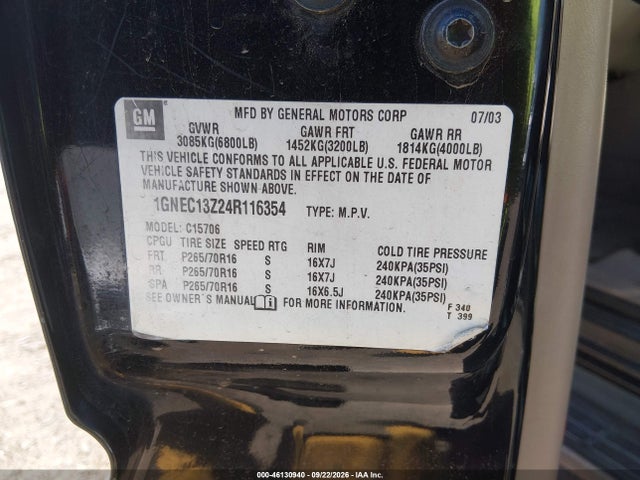 Продаж на аукціоні авто 2004 Chevrolet Tahoe Ls, vin: 1GNEC13Z24R116354, номер лоту: 46130940