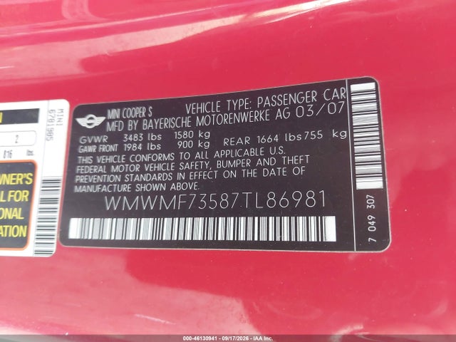 46130941 :رقم المزاد ، WMWMF73587TL86981 vin ، 2007 Mini Cooper S مزاد بيع