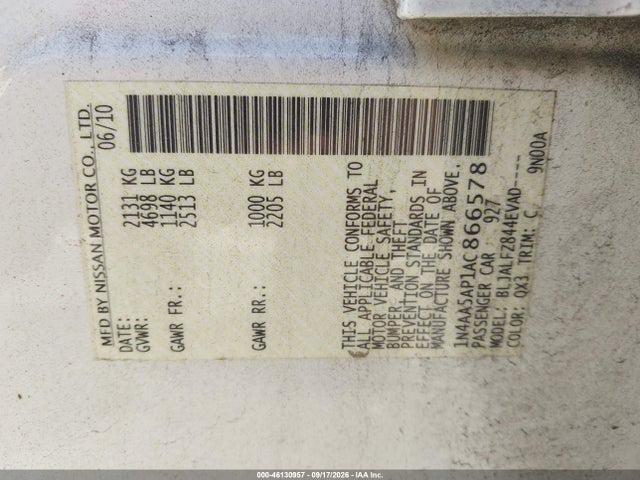46130957 :رقم المزاد ، 1N4AA5AP1AC866578 vin ، 2010 Nissan Maxima S/sv مزاد بيع
