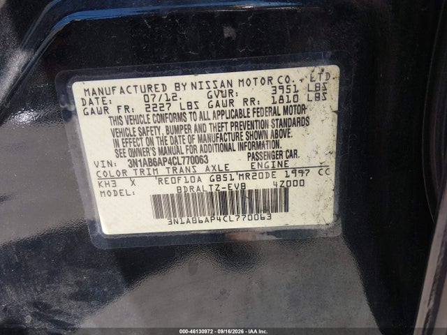 2012 Nissan Sentra 2.0 S მანქანა იყიდება აუქციონზე, vin: 3N1AB6AP4CL770063, აუქციონის ნომერი: 46130972