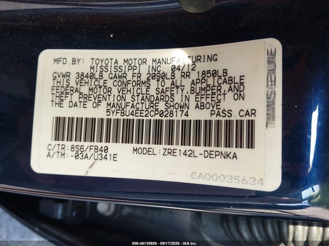 Aukcja sprzedaży 2012 Toyota Corolla S/le, vin: 5YFBU4EE2CP028174, numer aukcji: 46130989