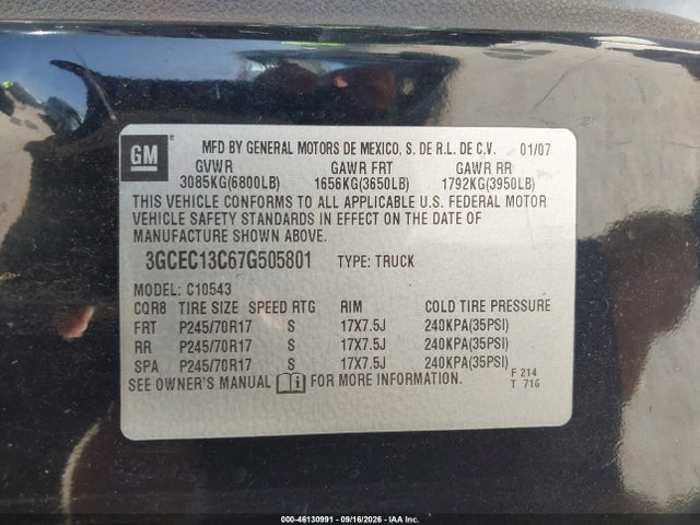 Aukcja sprzedaży 2007 Chevrolet Silverado 1500 Lt1, vin: 3GCEC13C67G505801, numer aukcji: 46130991