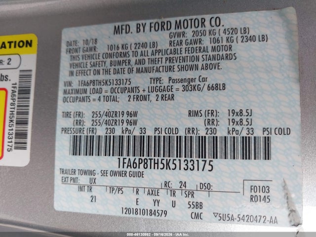 Aukcja sprzedaży 2019 Ford Mustang Ecoboost, vin: 1FA6P8TH5K5133175, numer aukcji: 46130992