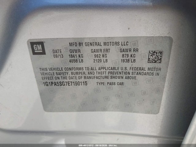 46131012 :رقم المزاد ، 1G1PA5SG7E7190115 vin ، 2014 Chevrolet Cruze Ls Auto مزاد بيع