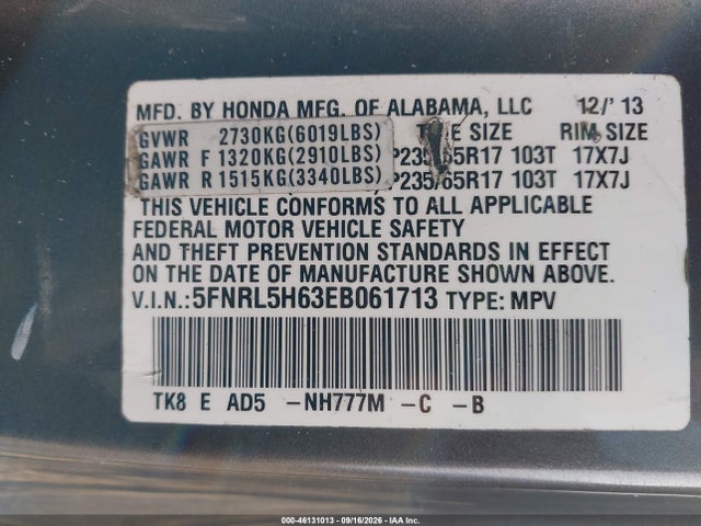 Продаж на аукціоні авто 2014 Honda Odyssey Ex-l, vin: 5FNRL5H63EB061713, номер лоту: 46131013