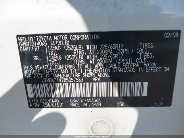 2008 Toyota Rav4 Limited V6 მანქანა იყიდება აუქციონზე, vin: JTMBK31V785057583, აუქციონის ნომერი: 46131042