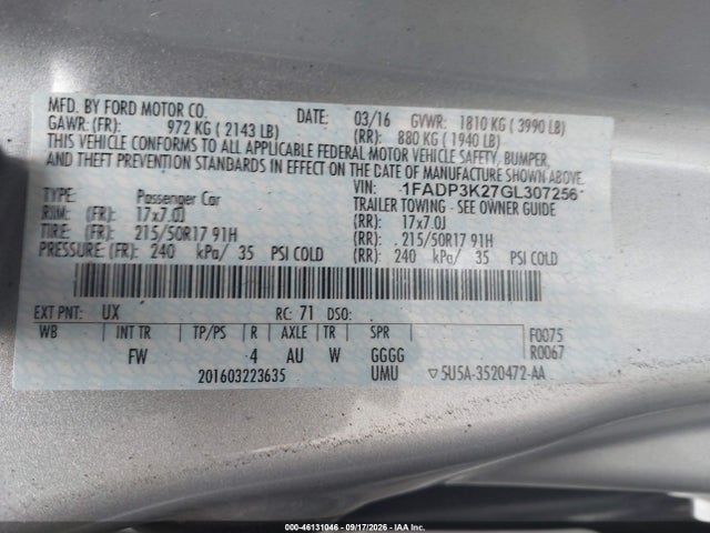 2016 Ford Focus Se მანქანა იყიდება აუქციონზე, vin: 1FADP3K27GL307256, აუქციონის ნომერი: 46131046