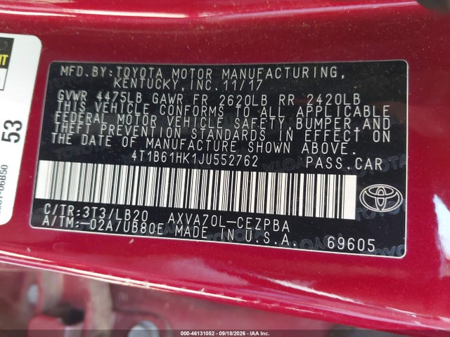 Продажа на аукционе авто 2018 Toyota Camry Xse, vin: 4T1B61HK1JU552762, номер лота: 46131052