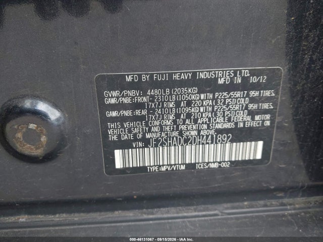 46131067 :رقم المزاد ، JF2SHADC2DH441892 vin ، 2013 Subaru Forester 2.5x Premium مزاد بيع