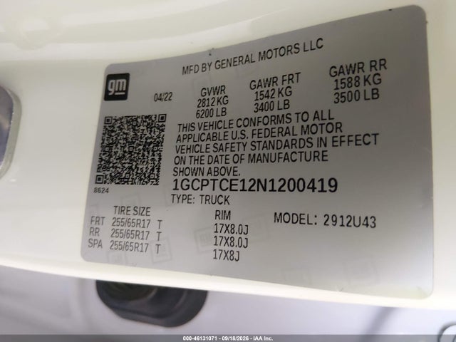 Aukcja sprzedaży 2022 Chevrolet Colorado 4wd  Long Box Lt, vin: 1GCPTCE12N1200419, numer aukcji: 46131071